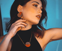 Ethnic stud earrings in wood jewelry set, Circle necklace set mayan earrings in exotic woods, golden surgical steel and hypoallergenic studs