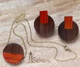 Ethnic stud earrings in wood jewelry set, Circle necklace set mayan earrings in exotic woods, golden surgical steel and hypoallergenic studs