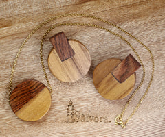 Ethnic stud earrings in wood jewelry set, Circle necklace set mayan earrings in exotic woods, golden surgical steel and hypoallergenic studs