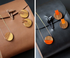 Ethnic stud earrings in wood jewelry set, Circle necklace set mayan earrings in exotic woods, golden surgical steel and hypoallergenic studs