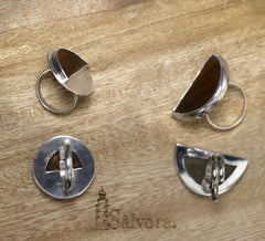Handmade silver and wood minimal rings, Crescent moon ring in wood and 925 sterling silver, Silversmith's jewelry set