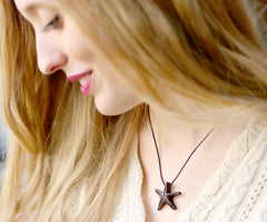 Hand wood necklace with starfish, fish, turtle orhorseshoe pendant made in sustainable jewelry, Carved ironwood necklace, Exotic wood
