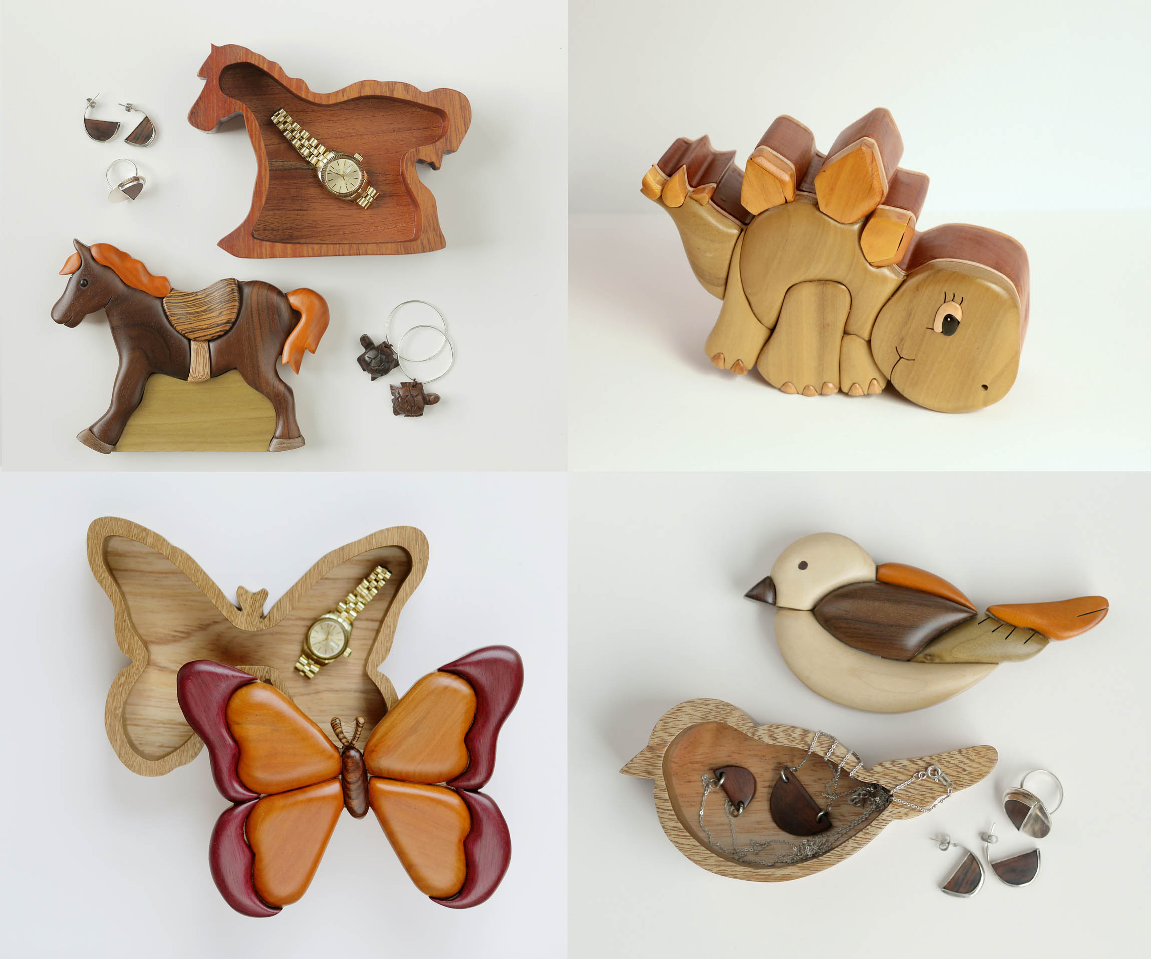 Hand carved horse, fox, dino, butterfly or bird box, Exotic and precious  intarsia wood jewelry box, Natural wood bedroom for kids.
