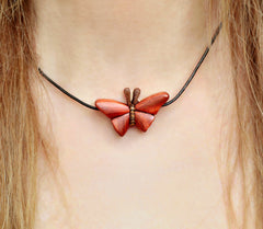 Exotic wood butterfly necklace, Ecological vintage intarsia wood for butterfly lover, Pendant in leather or surgical steel chain