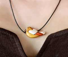 Wooden bird pendant, Sparrow necklace intarsia in exotic wood, Bird choker in precious woods, Cute and eco sparrow pendant
