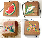 Wooden necklace with watermelon original painting, Fine art quality on artistic pendant