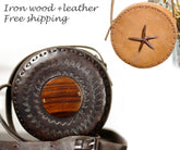 Leather and wood bag or round wooden bag, ironwood ethnic bag or premium bag, Leather and wood bag or ethical fashion bag, Circle shoulder bag