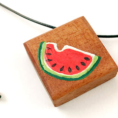 Wooden necklace with watermelon original painting, Fine art quality on artistic pendant