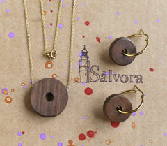 Exotic wood jewelry with ethnic stud earrings, Wood necklace set with wood earrings stud, Vintage wood earring of mayan jewelry, Salvora