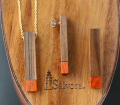 Wood jewelry set with ethnic stud earrings and necklace. Mayan earrings in exotic woods, golden surgical steel and hypoallergenic studs