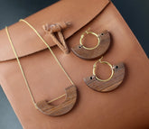 Precious wood jewelry set with necklace and earrings handmade. Ethnic Mayan jewelry set.