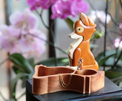 Caja zorro de madera tallada, Joyero arte intarsia maderas preciosas - SalvoraShop