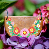 Fine art painting flowers over wood pendant in hippie boho style. Wooden hand painted necklace with flowers.