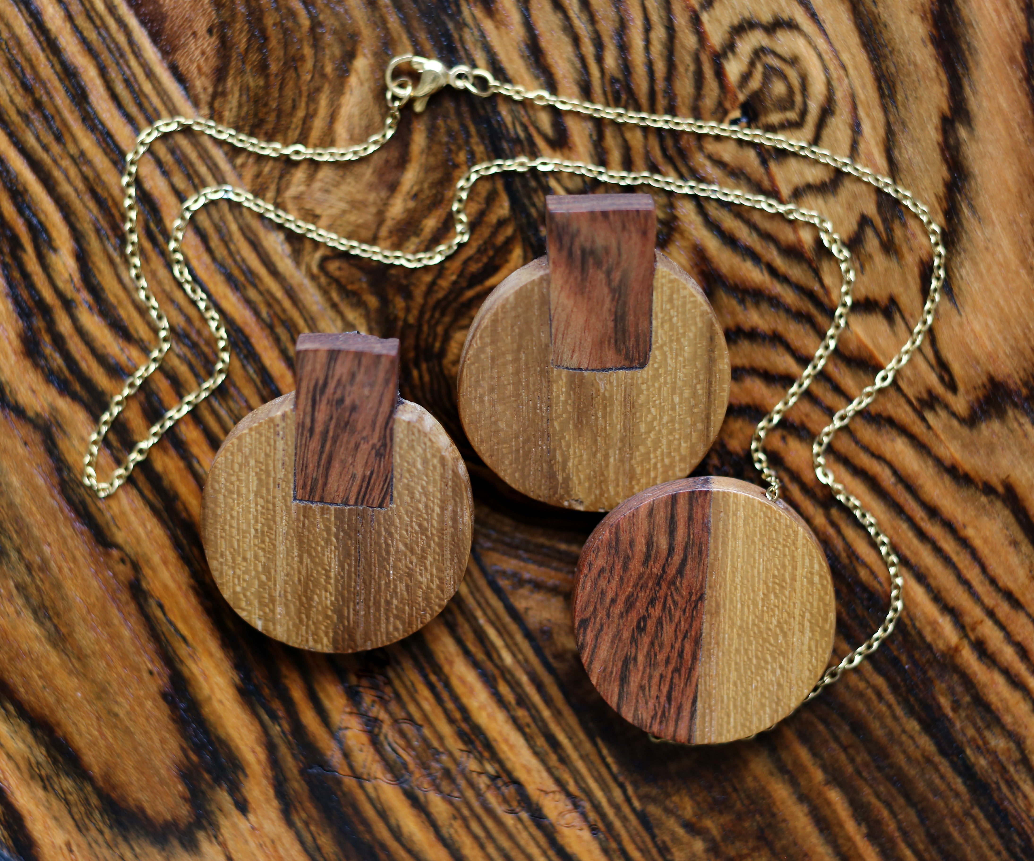 Ethnic stud earrings in wood jewelry set, Circle necklace set mayan earrings in exotic woods, golden surgical steel and hypoallergenic studs
