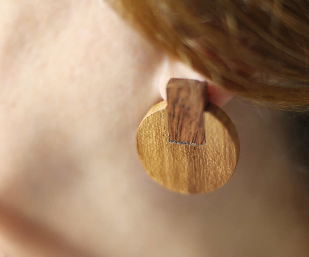 Ethnic stud earrings in wood jewelry set, Circle necklace set mayan earrings in exotic woods, golden surgical steel and hypoallergenic studs