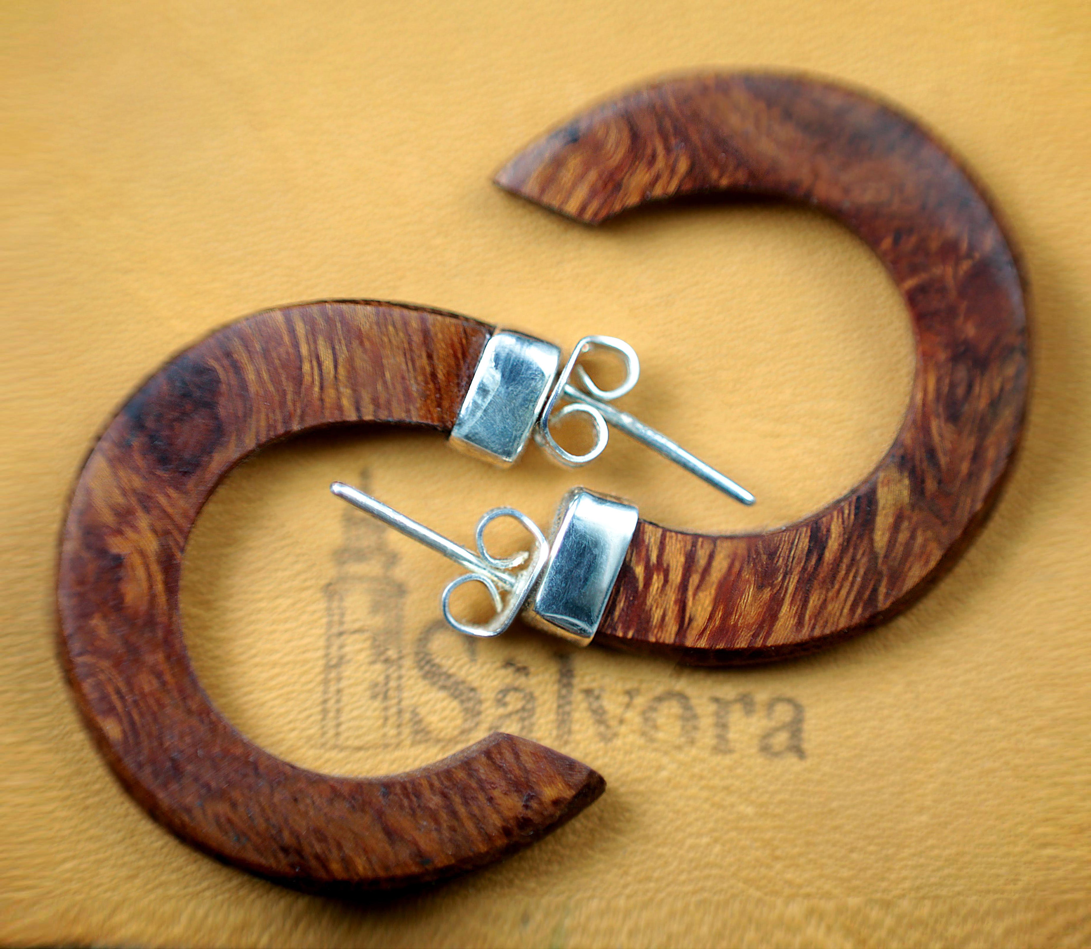 Silver wood earrings, Wooden jewelry hoops with 925 sterling silver, Boho and ethnic ironwood  earrings silversmith made, ebony hoop earring