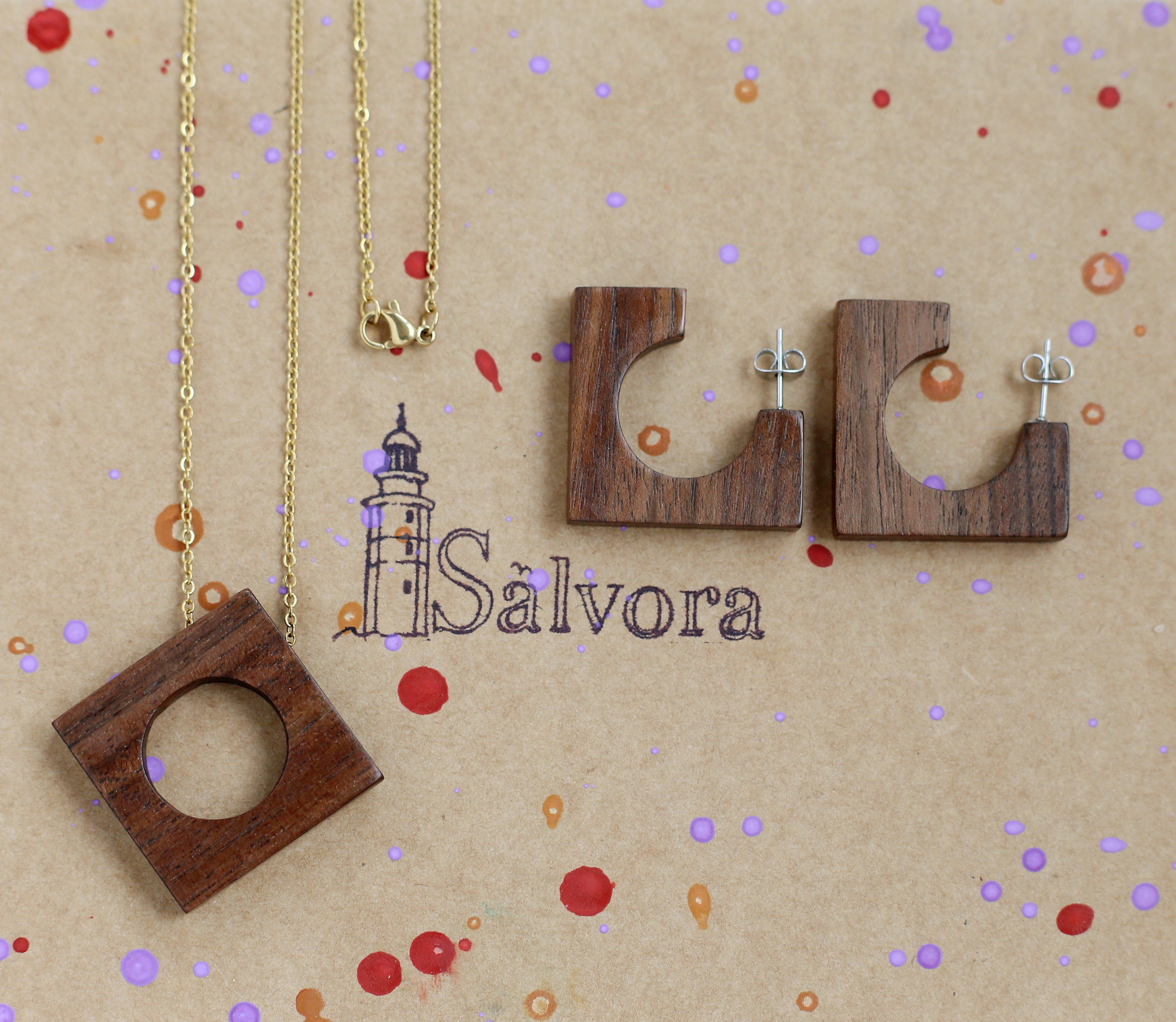 Precious wood jewelry with ethnic stud earrings and pendant, Wood necklace set with earrings stud, Mayan jewelry by Salvora