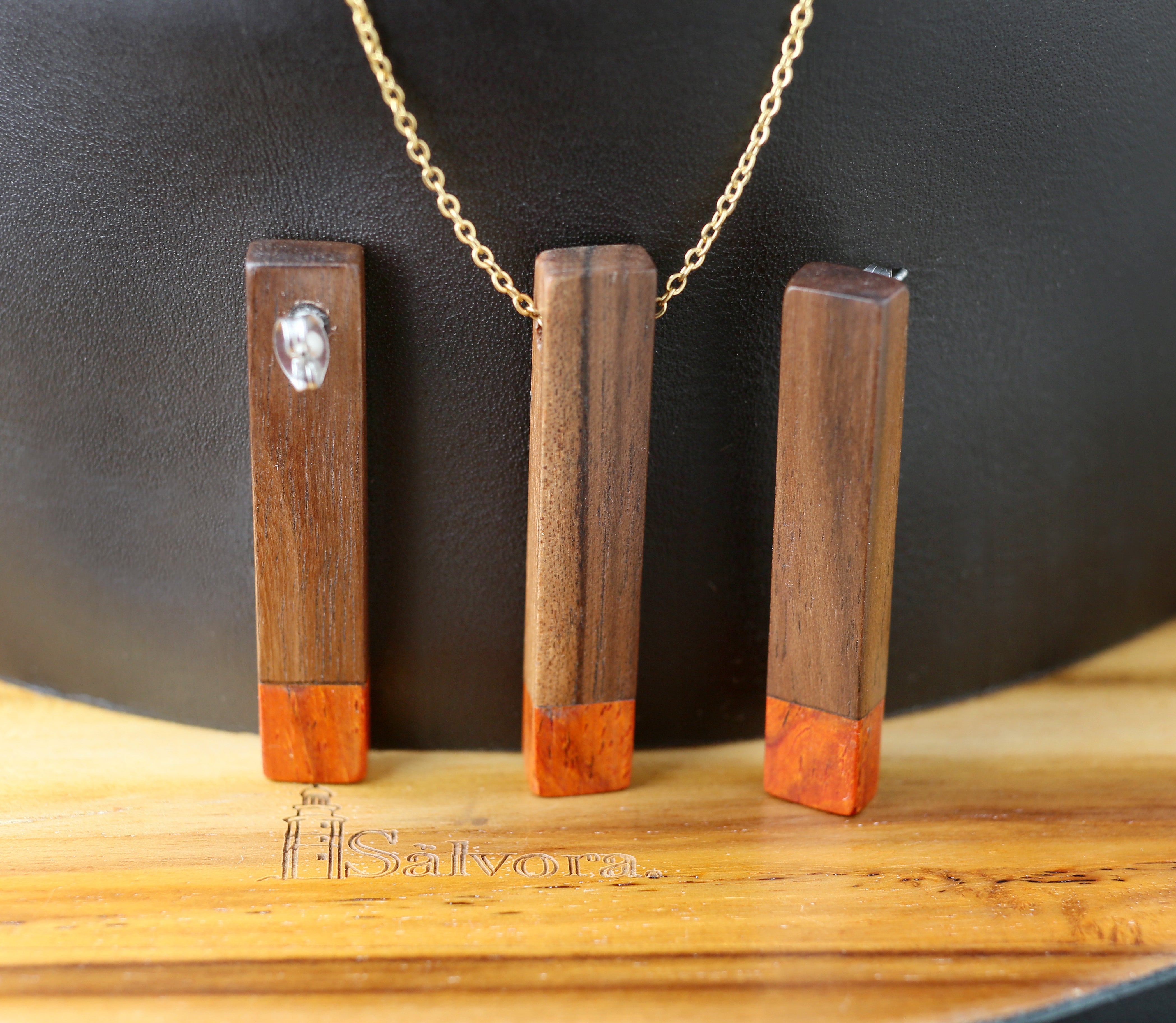 Wood jewelry set with ethnic stud earrings and necklace. Mayan earrings in exotic woods, golden surgical steel and hypoallergenic studs