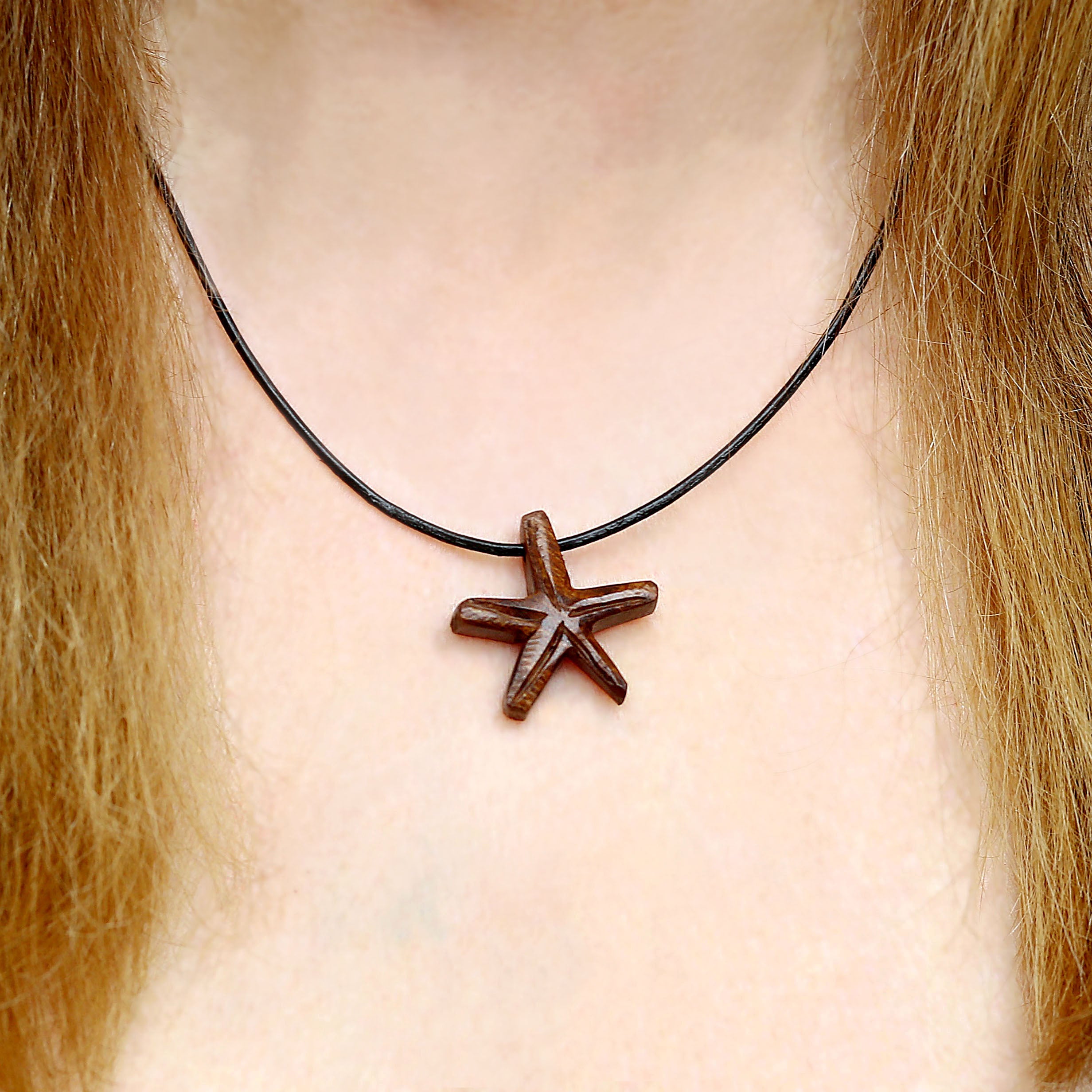 Hand wood necklace with starfish, fish, turtle orhorseshoe pendant made in sustainable jewelry,  Carved ironwood necklace, Exotic wood