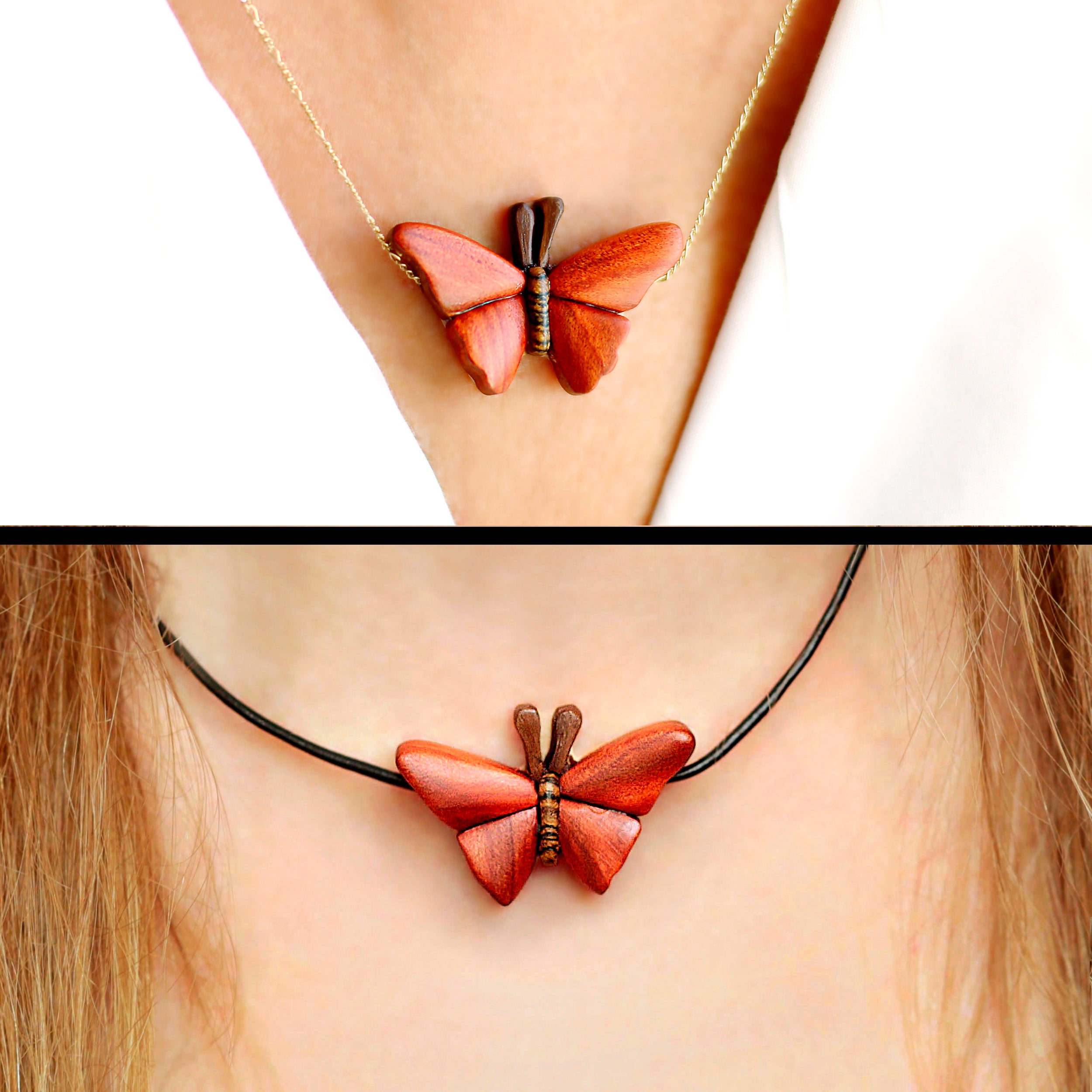 Exotic wood butterfly necklace, Ecological vintage intarsia wood for butterfly lover, Pendant in leather or surgical steel chain