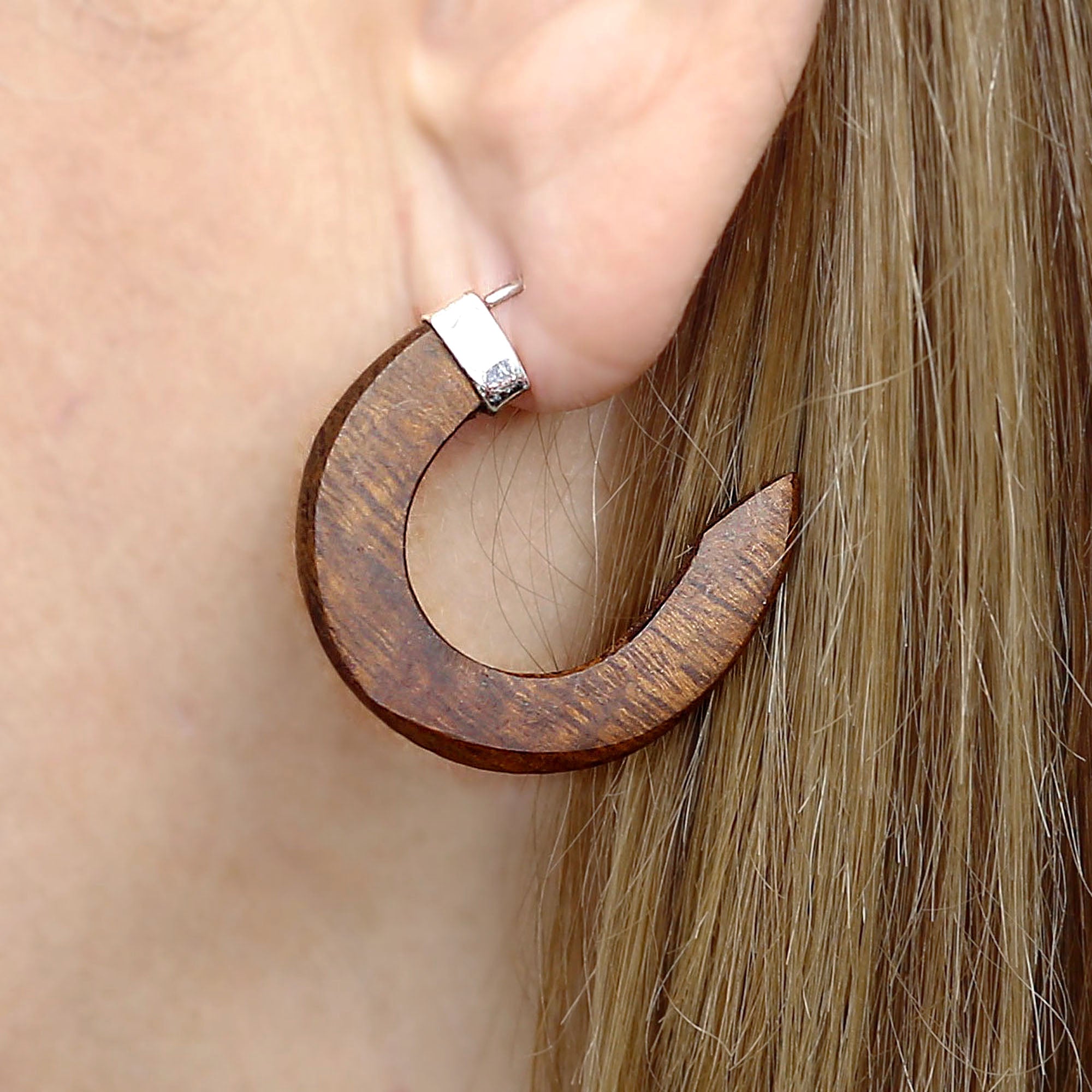Silver wood earrings, Wooden jewelry hoops with 925 sterling silver, Boho and ethnic ironwood  earrings silversmith made, ebony hoop earring
