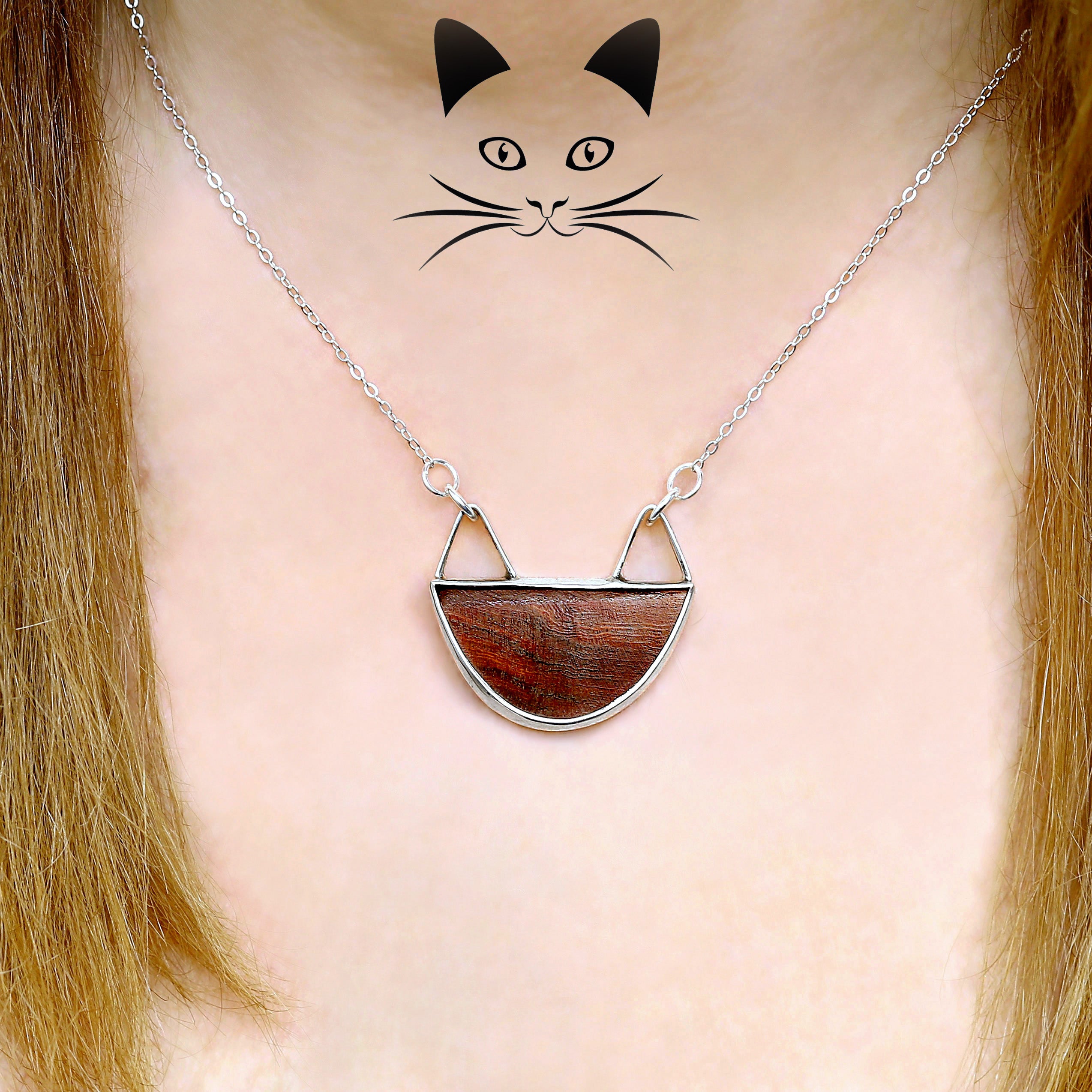 Silver wood necklace, Silver cat lovers pendant, Silversmith jewelry set, Silver and ironwood collar choker