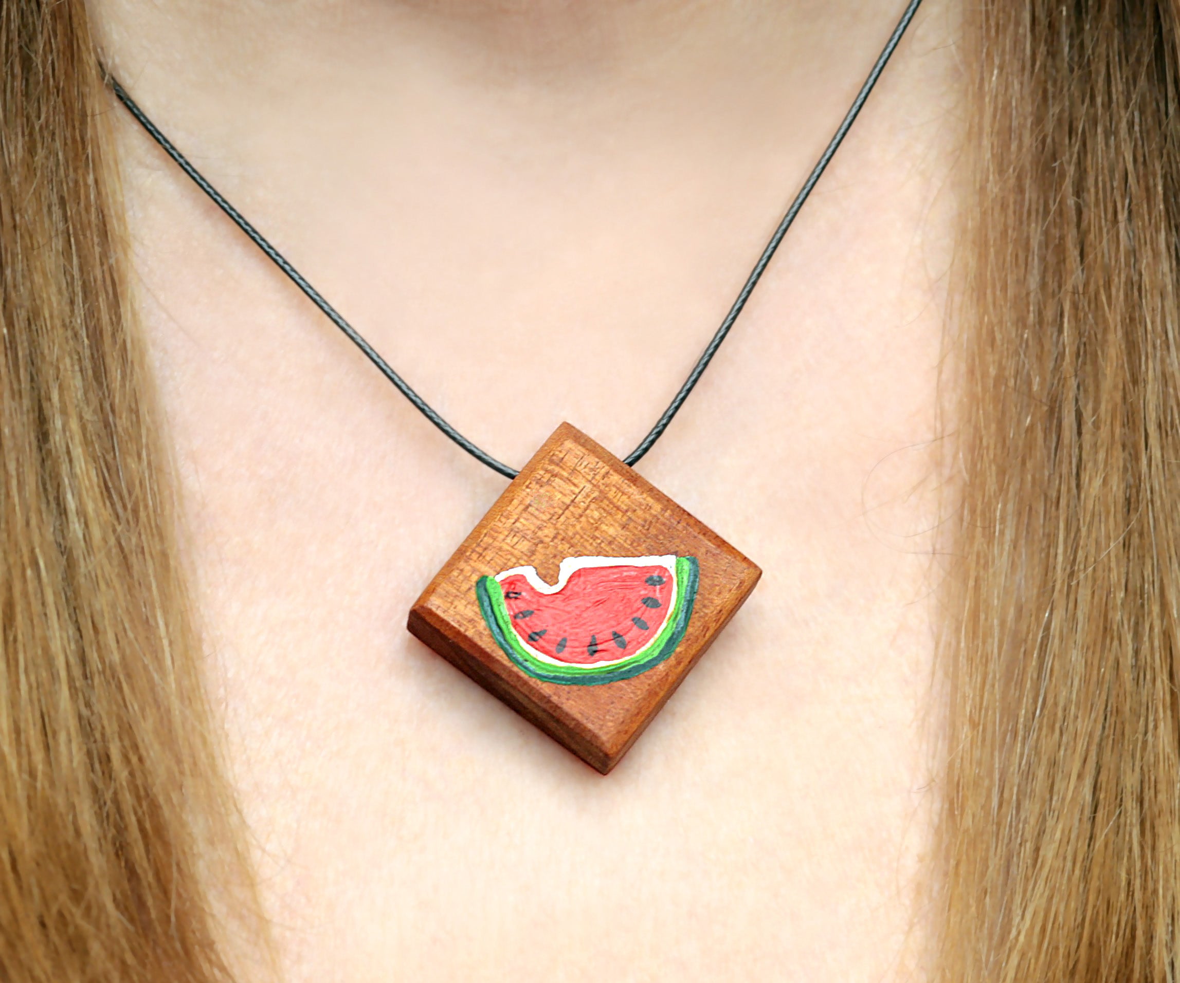 Wooden necklace with small painting original. Fine art quality painting flower pendant on artistic choker or necklace.