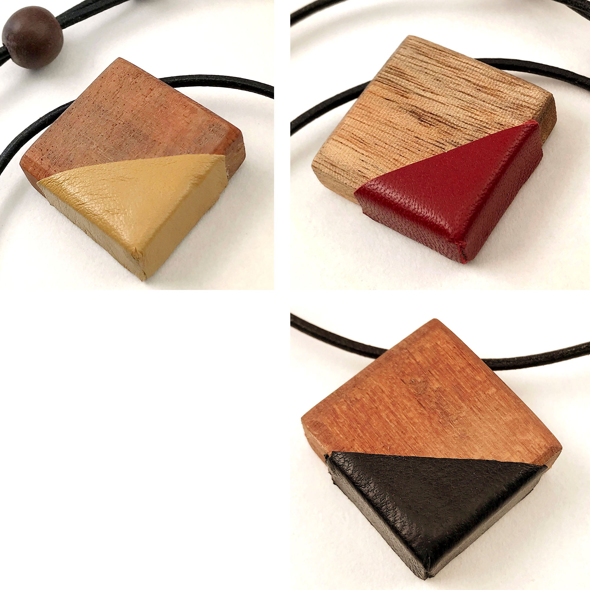 Minimalist wood and leather necklace, Basic adjustable wood pendant with mustard, black or garnet leather, Ecological urban minimal necklace