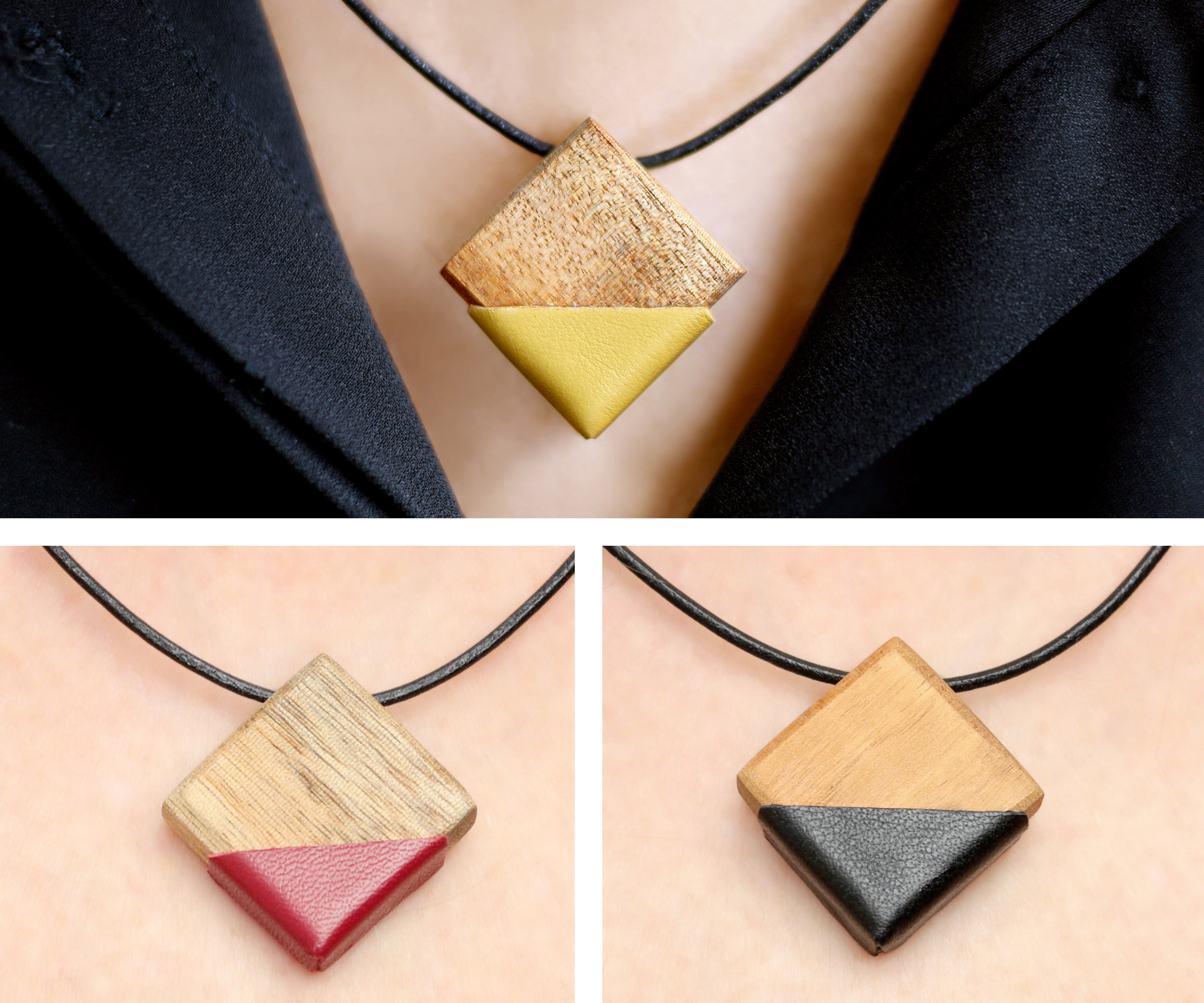 Minimalist wood and leather necklace, Basic adjustable wood pendant with mustard, black or garnet leather, Ecological urban minimal necklace