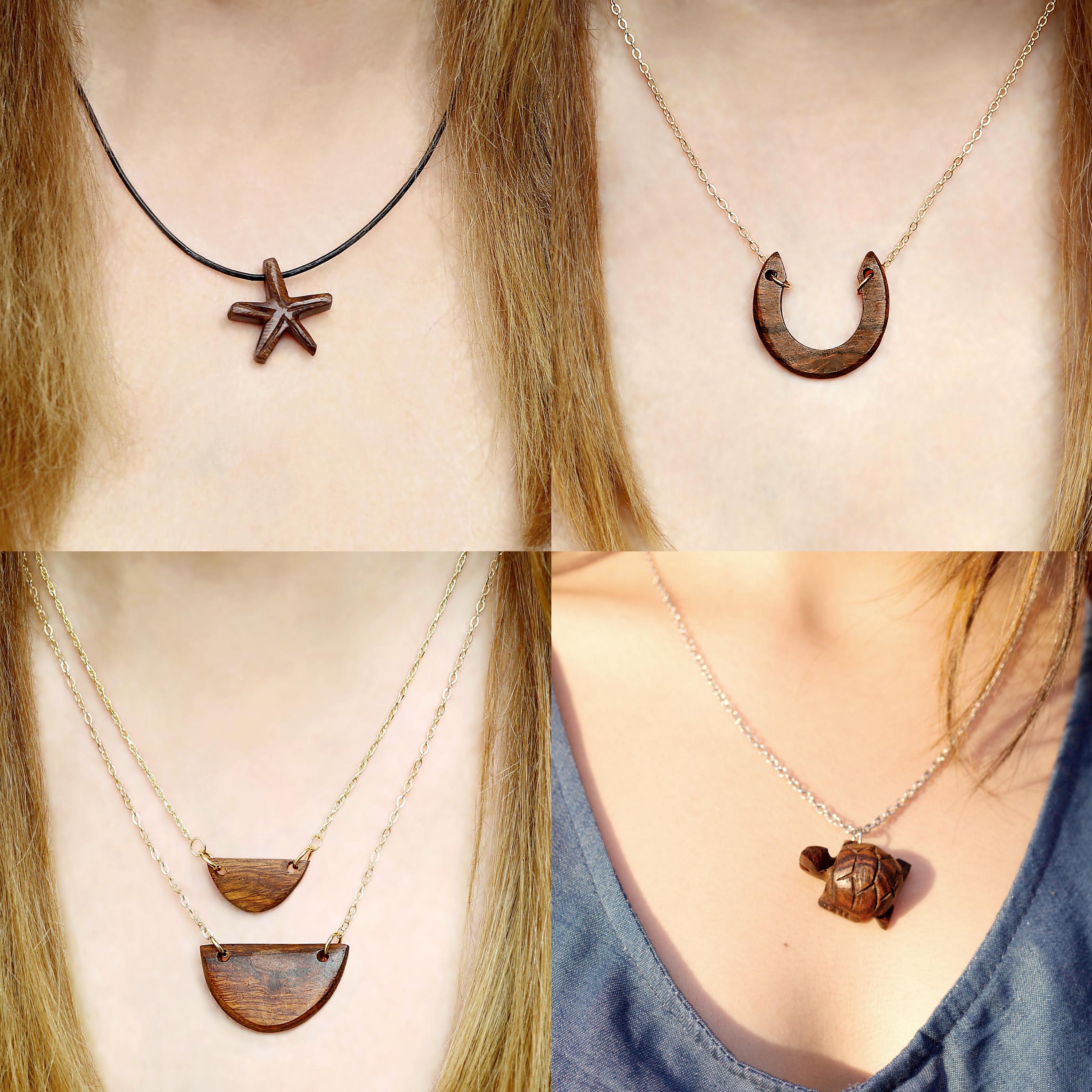 Hand wood necklace with starfish, fish, turtle orhorseshoe pendant made in sustainable jewelry,  Carved ironwood necklace, Exotic wood