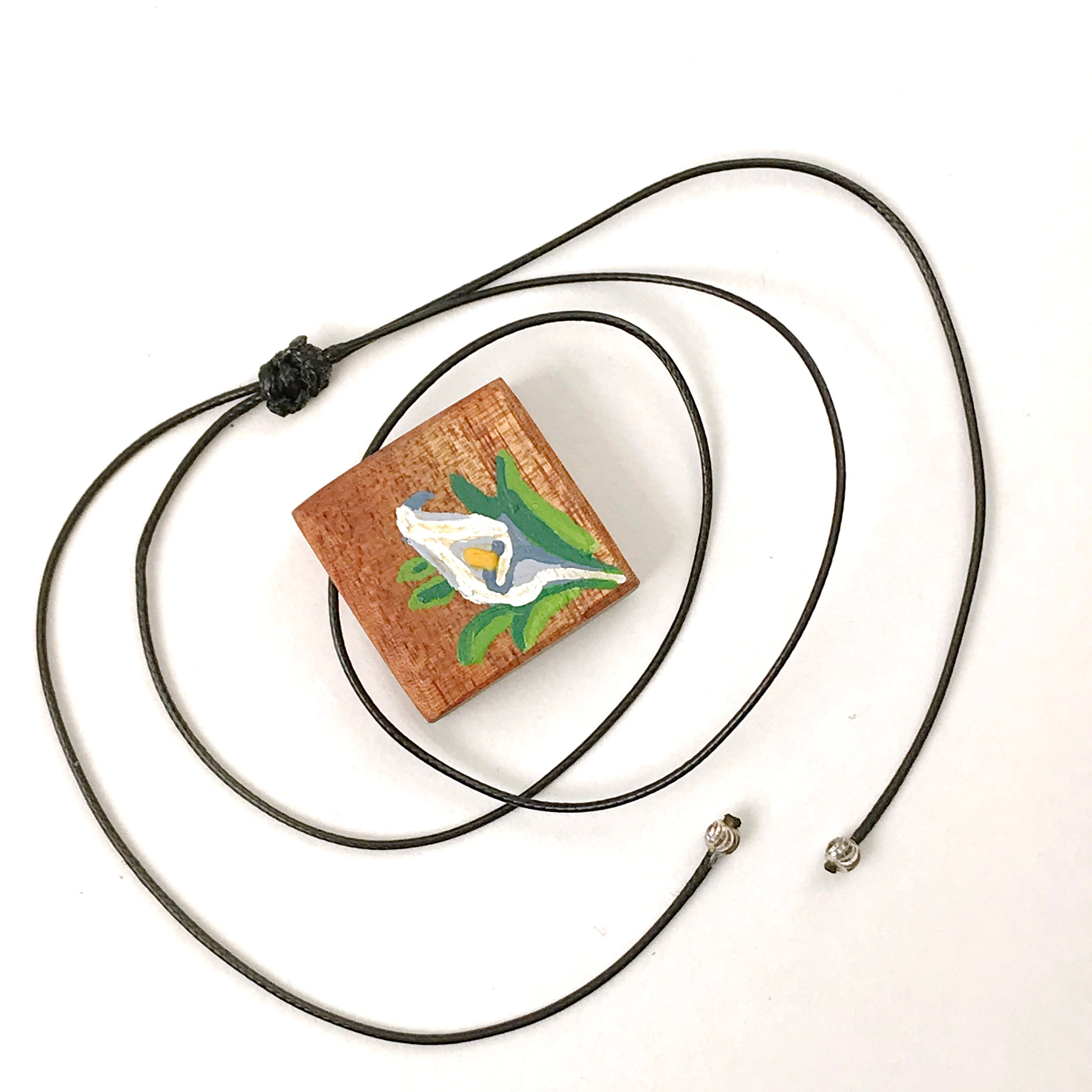 Wooden necklace with small painting original. Fine art quality painting flower pendant on artistic choker or necklace.