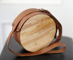 Round wooden bag or premium bag, Leather and anciente wood ethnic bag, Ethical fashion bag, Circle shoulder handbag