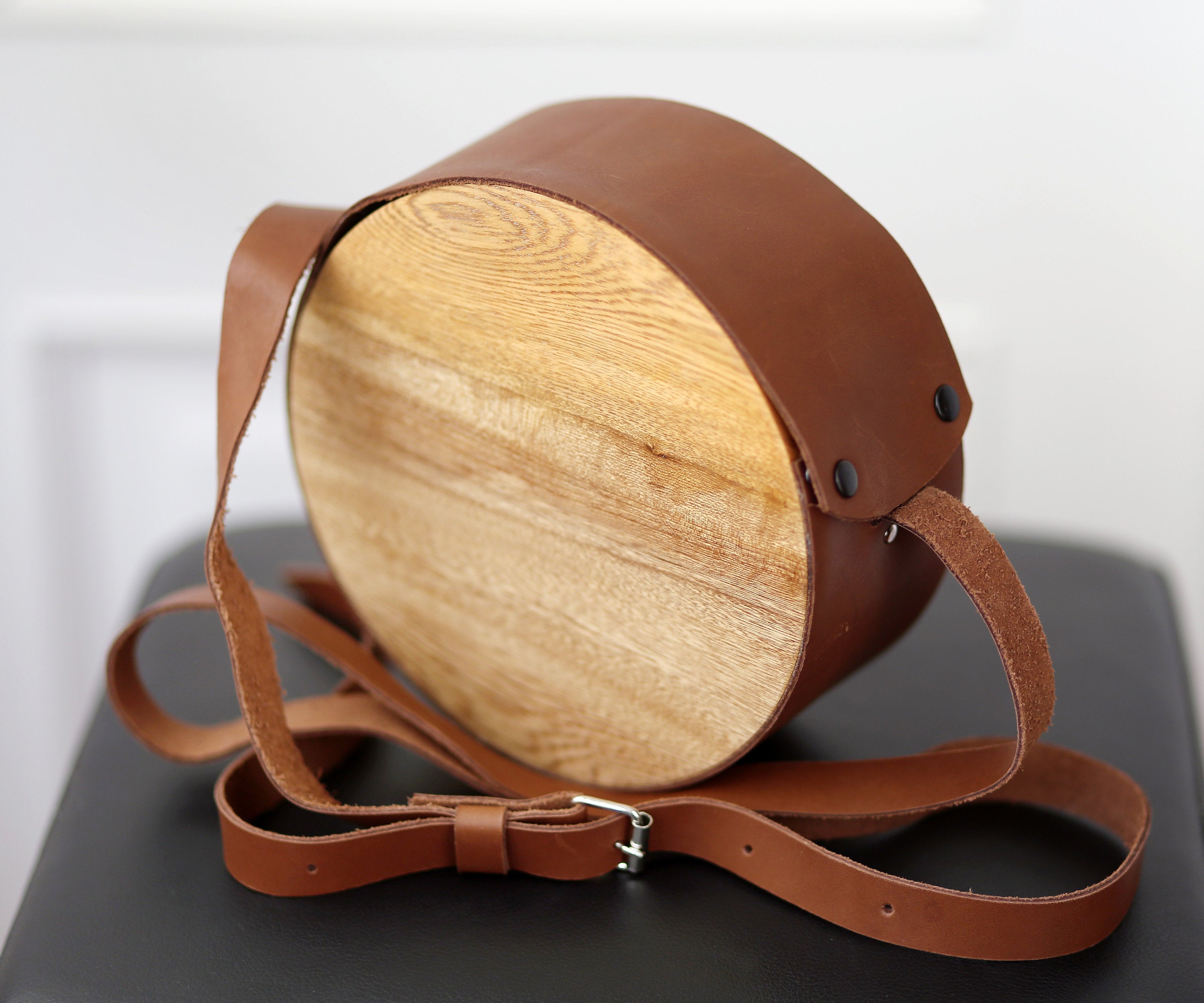 Round wooden bag or premium bag, Leather and anciente wood ethnic bag, Ethical fashion bag, Circle shoulder handbag